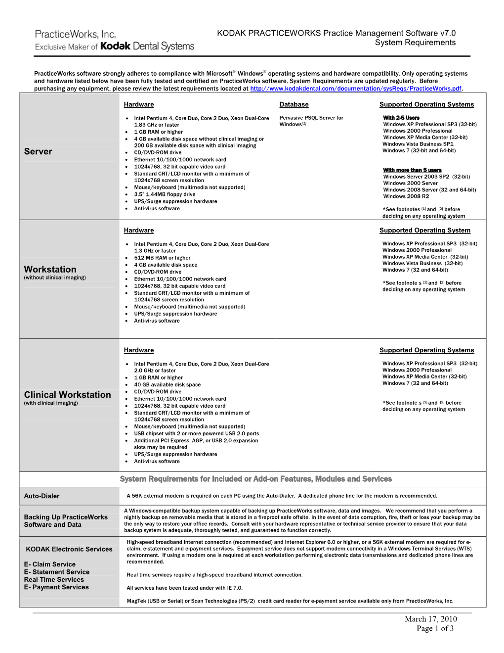 PRACTICEWORKS Software Requirements