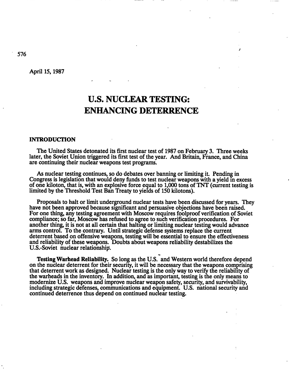 Us Nuclear Testing Enhancing Deterrence