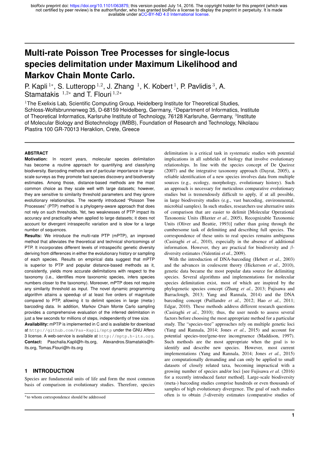 Multi-Rate Poisson Tree Processes for Single-Locus Species Delimitation Under Maximum Likelihood and Markov Chain Monte Carlo