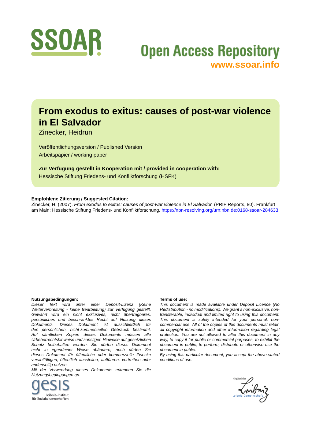 From Exodus to Exitus: Causes of Post-War Violence in El Salvador Zinecker, Heidrun