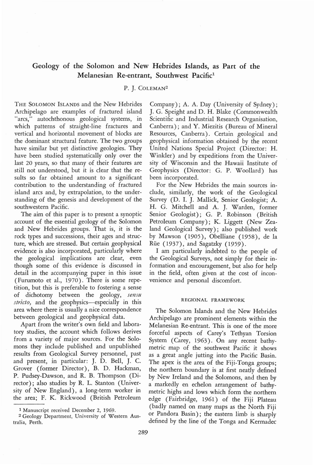 Geology of the Solomon and New Hebrides Islands, As Part of the Melanesian Re-Entrant, Southwest Pacific! P