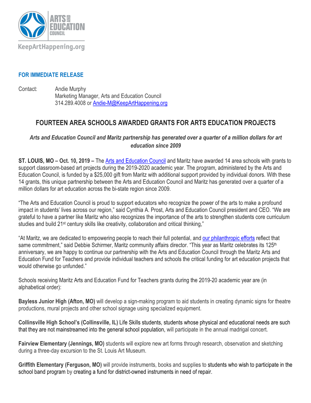 Press Release from the Arts and Education Council