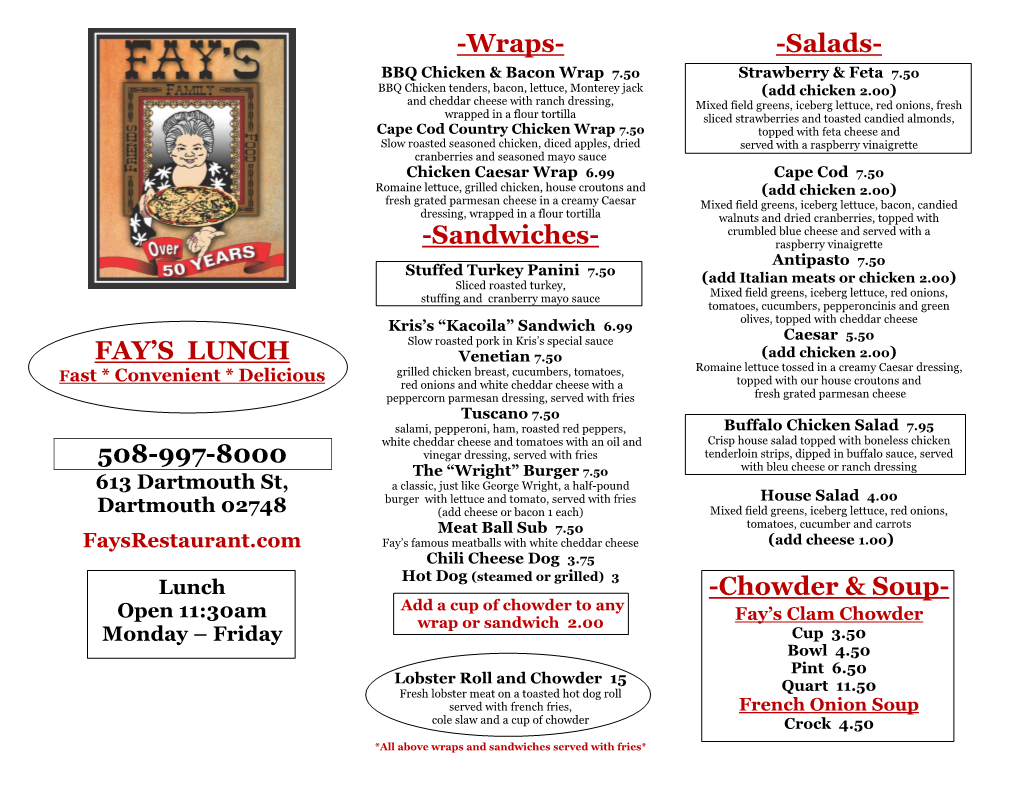 FAY's LUNCH 508-997-8000 -Wraps- -Sandwiches- -Salads- -Chowder & Soup