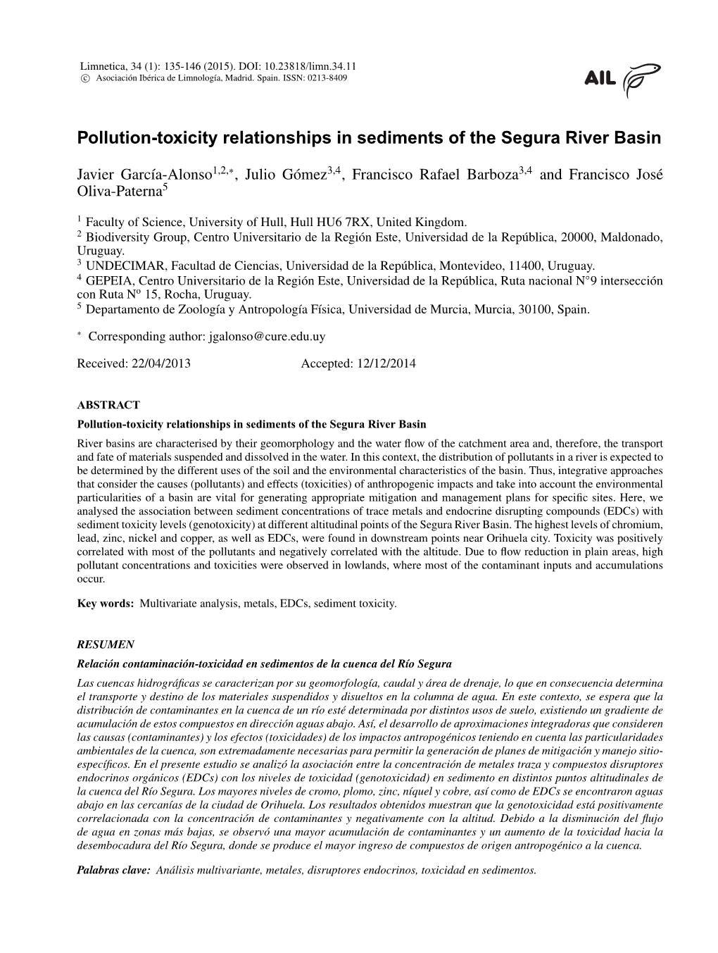 Pollution-Toxicity Relationships in Sediments of the Segura River Basin