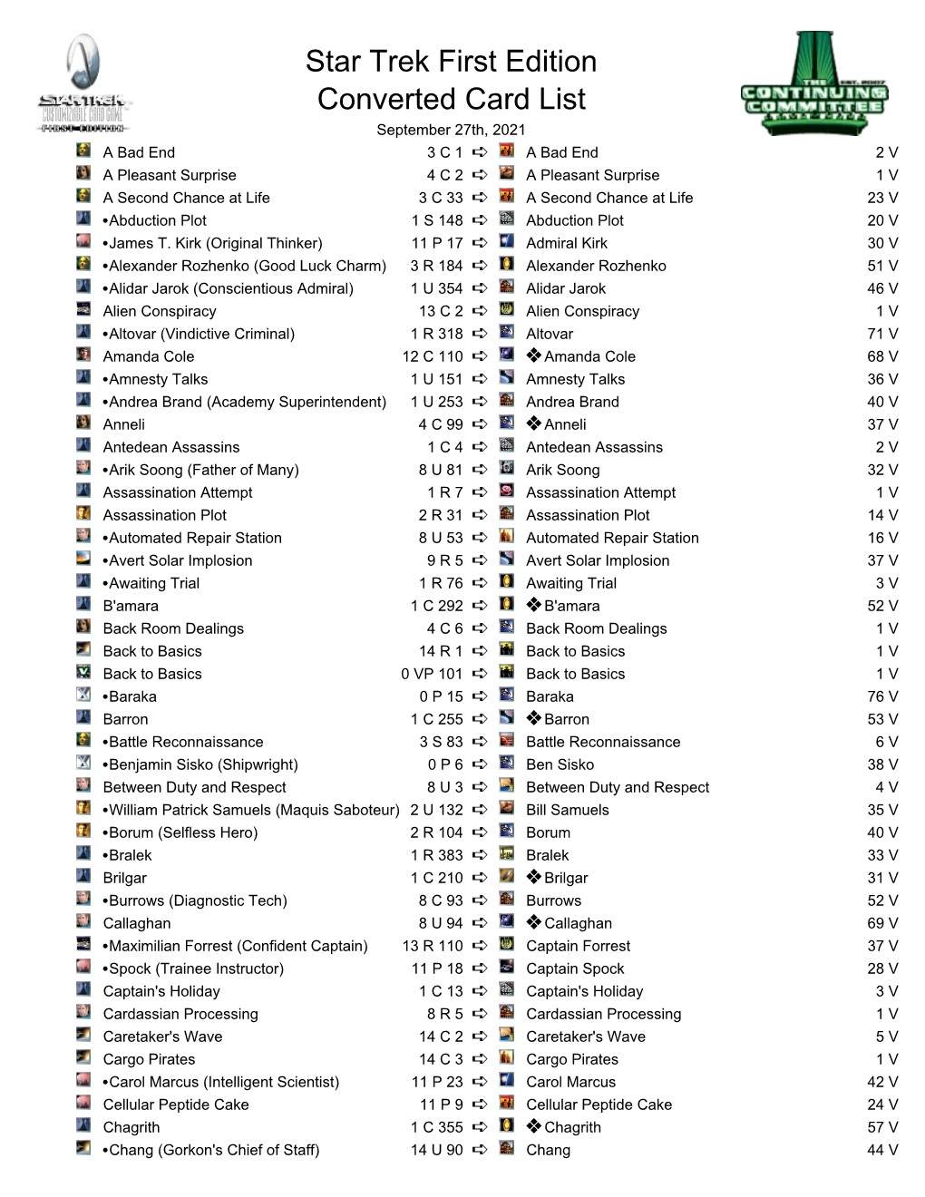 Star Trek First Edition Converted Card List