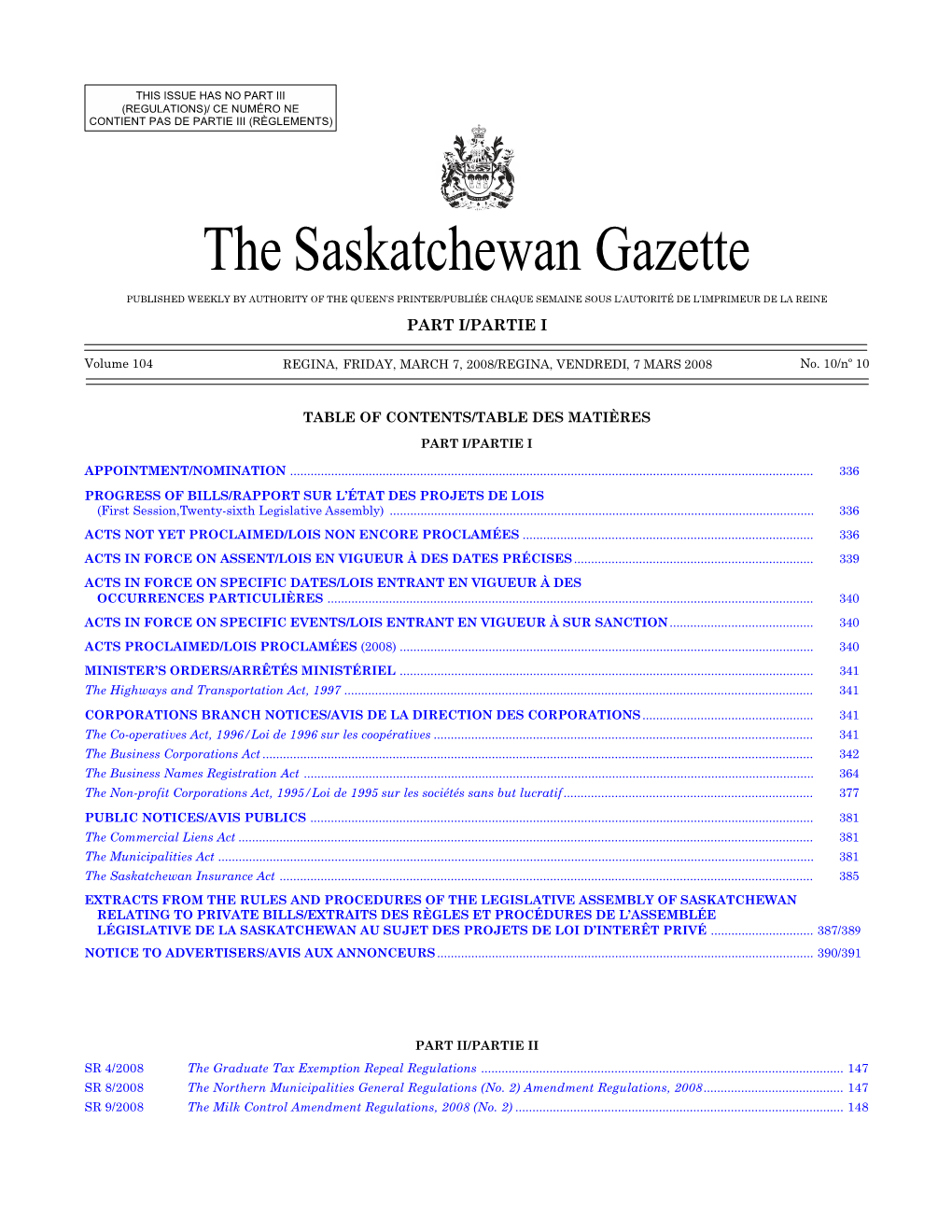Sask Gazette, Part I, Mar 7, 2008