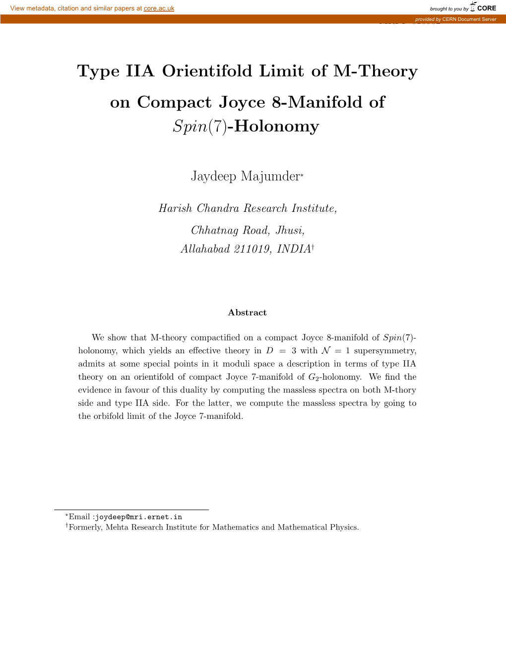 Type IIA Orientifold Limit of M-Theory on Compact Joyce 8-Manifold of Spin(7)-Holonomy