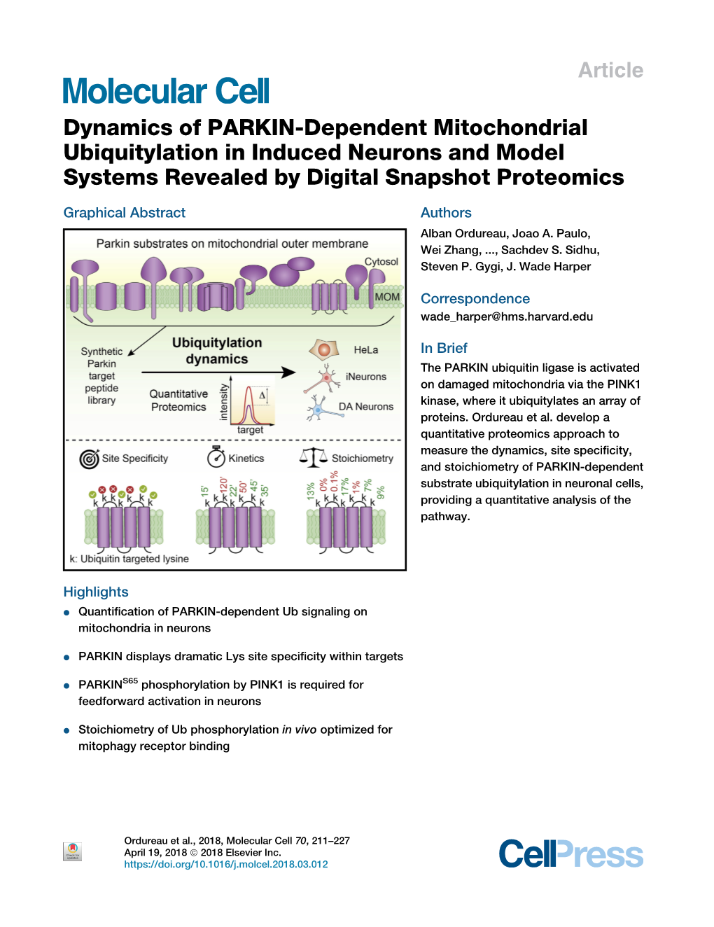 Dynamics of PARKIN-Dependent Mitochondrial Ubiquitylation in Induced Neurons and Model Systems Revealed by Digital Snapshot Proteomics