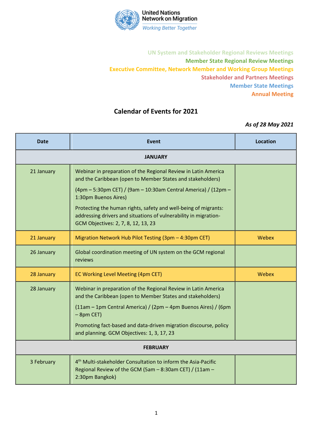 Calendar of Events for 2021 As of 28 May 2021