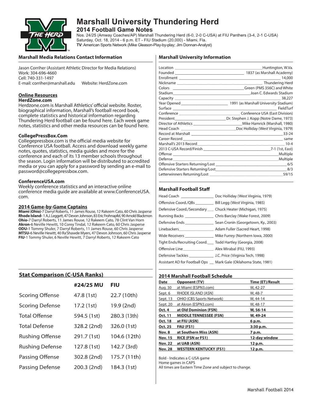 Marshall University Thundering Herd 2014 Football Game Notes Nos