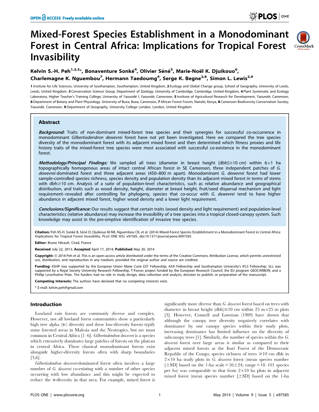 Mixed-Forest Species Establishment in a Monodominant Forest in Central Africa: Implications for Tropical Forest Invasibility