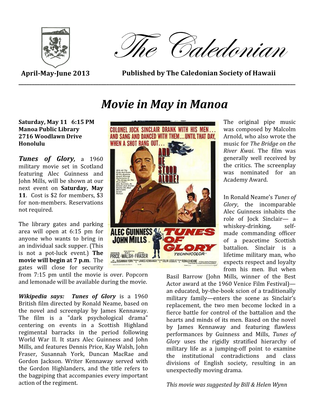 April-May-June 2013 Published by the Caledonian Society of Hawaii ______
