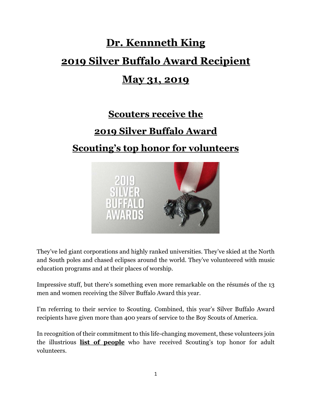 Dr. Kennneth King 2019 Silver Buffalo Award Recipient May 31, 2019