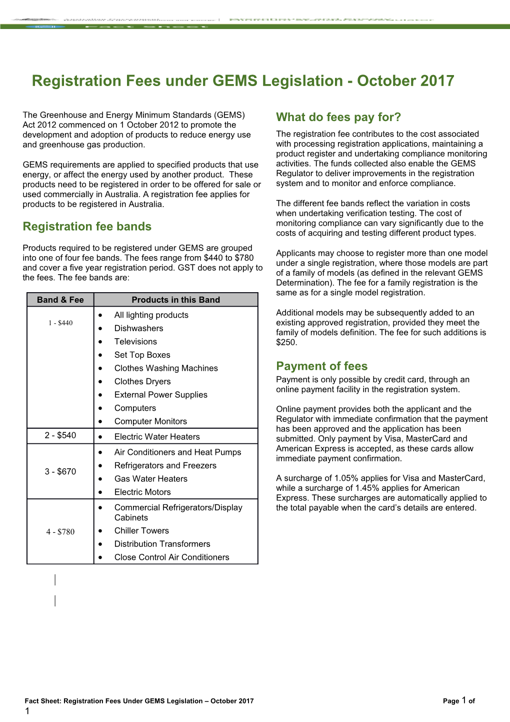 Fact Sheet - Registration Fees Under GEMS Legislation