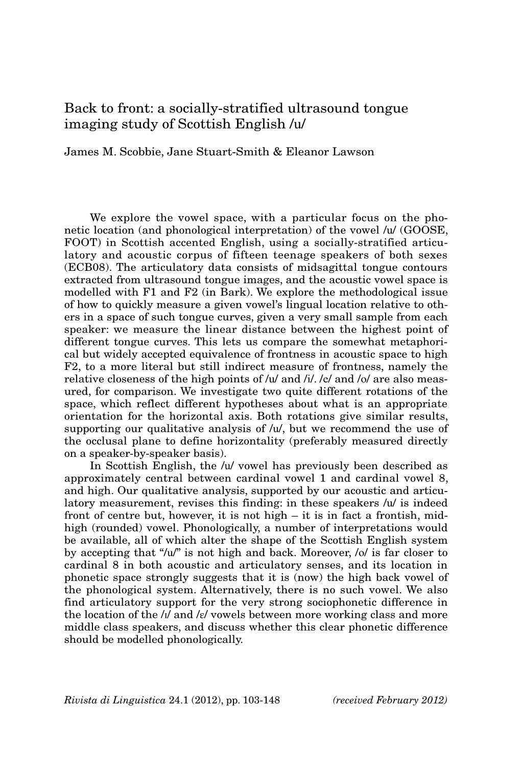 Back to Front: a Socially-Stratified Ultrasound Tongue Imaging Study of Scottish English /U