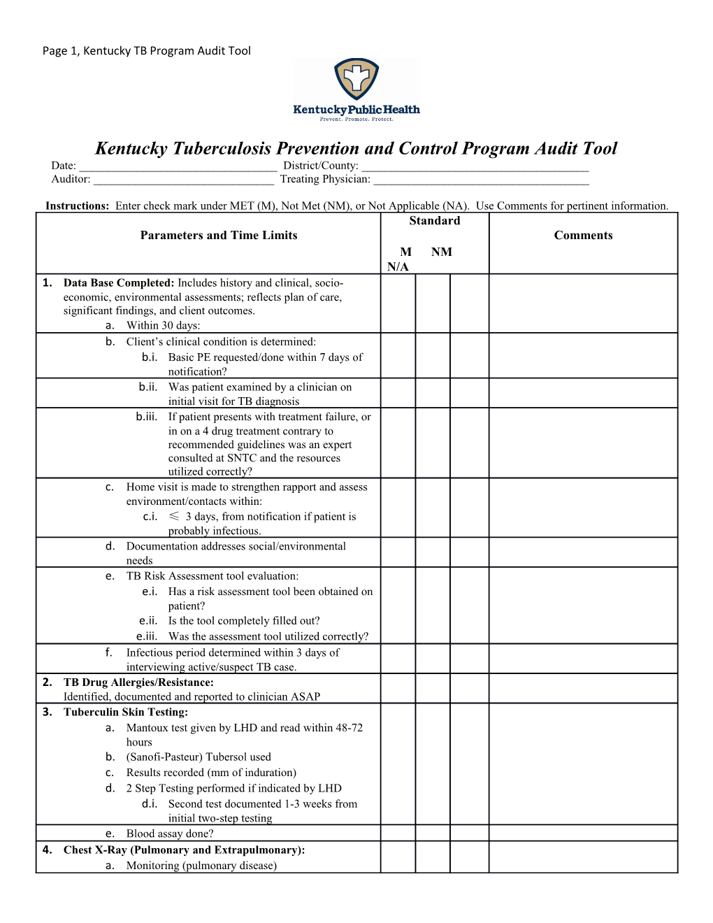 Kentucky Tuberculosis Prevention and Control Program Audit Tool