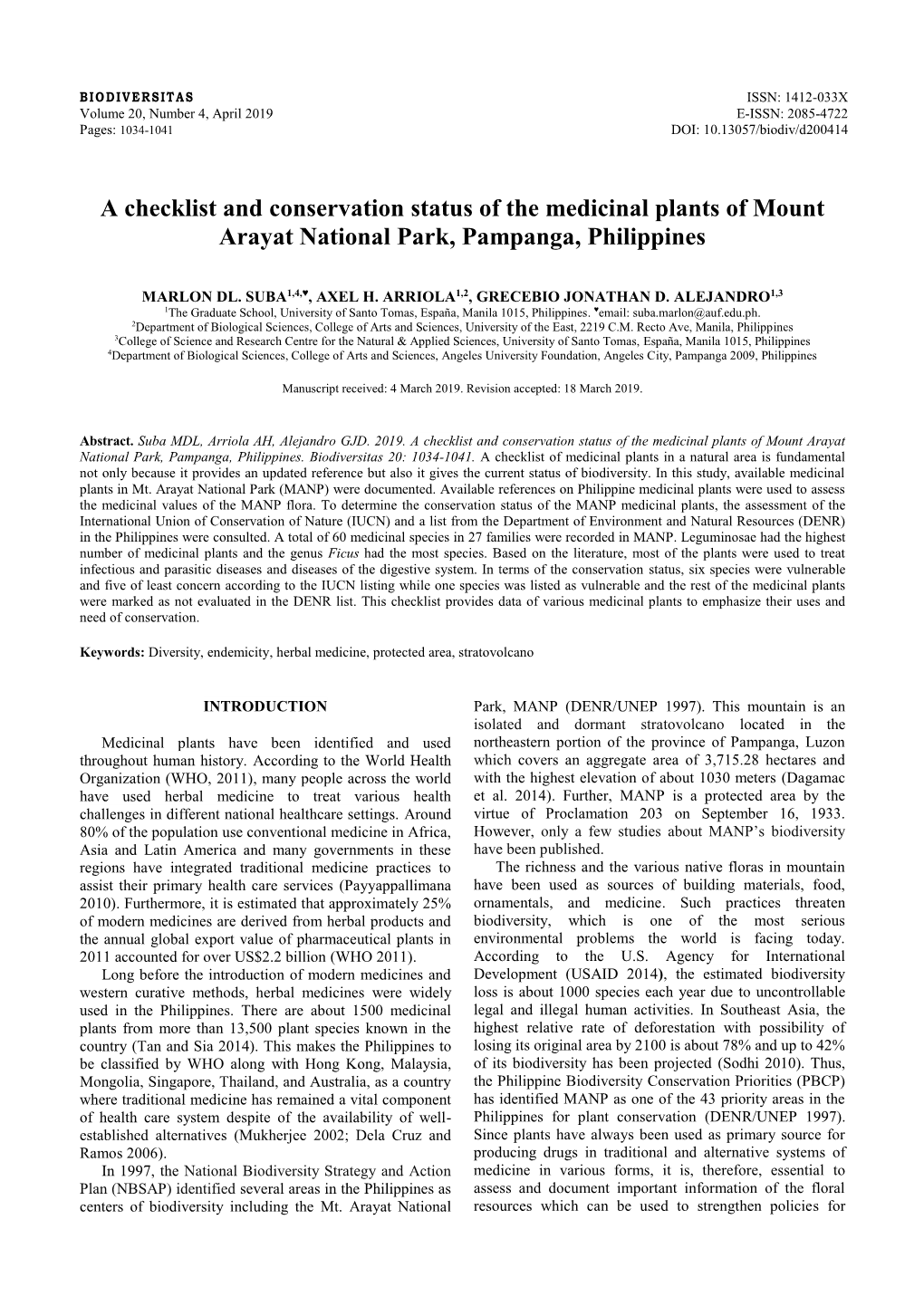 A Checklist and Conservation Status of the Medicinal Plants of Mount Arayat National Park, Pampanga, Philippines