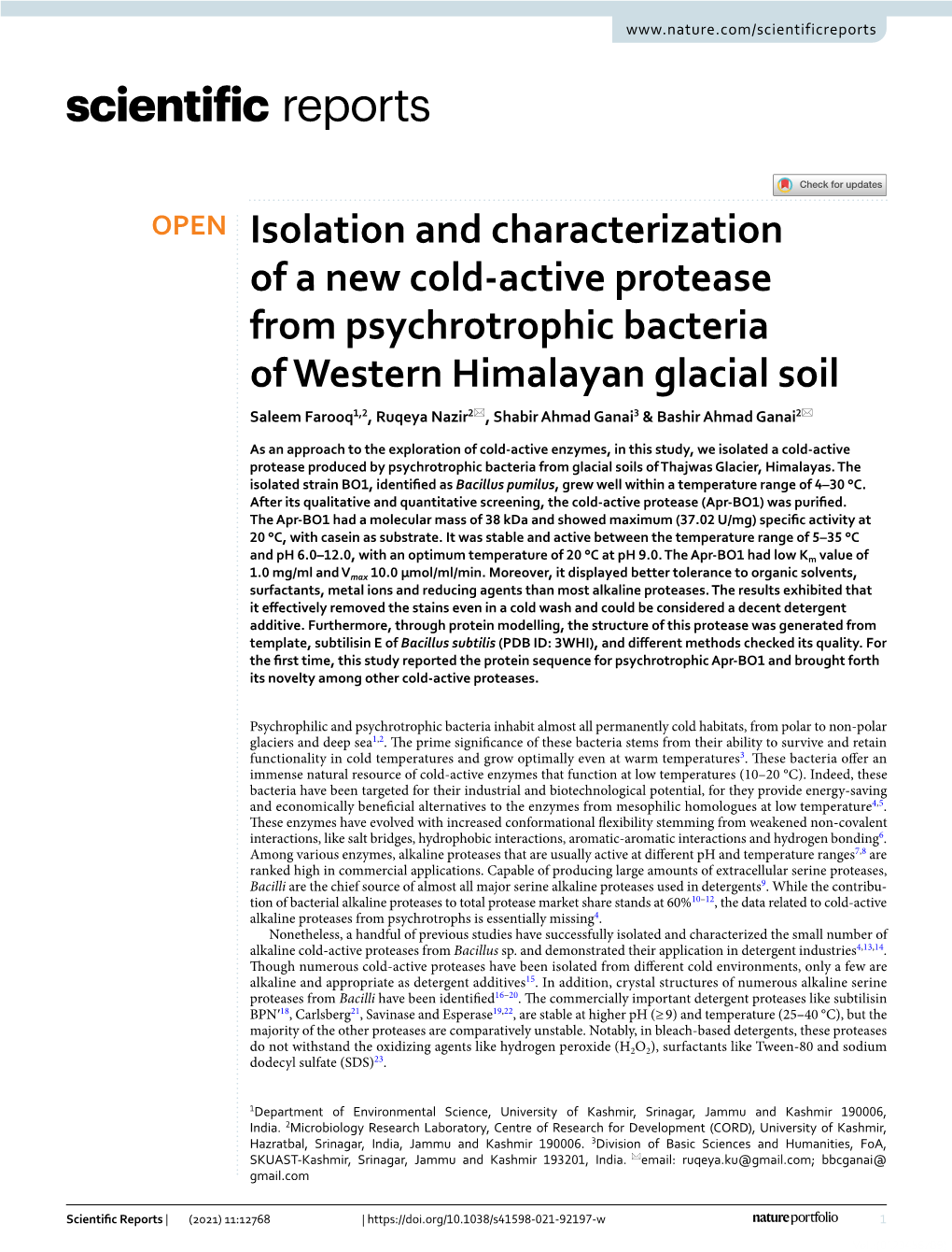 Isolation and Characterization of a New Cold-Active Protease From