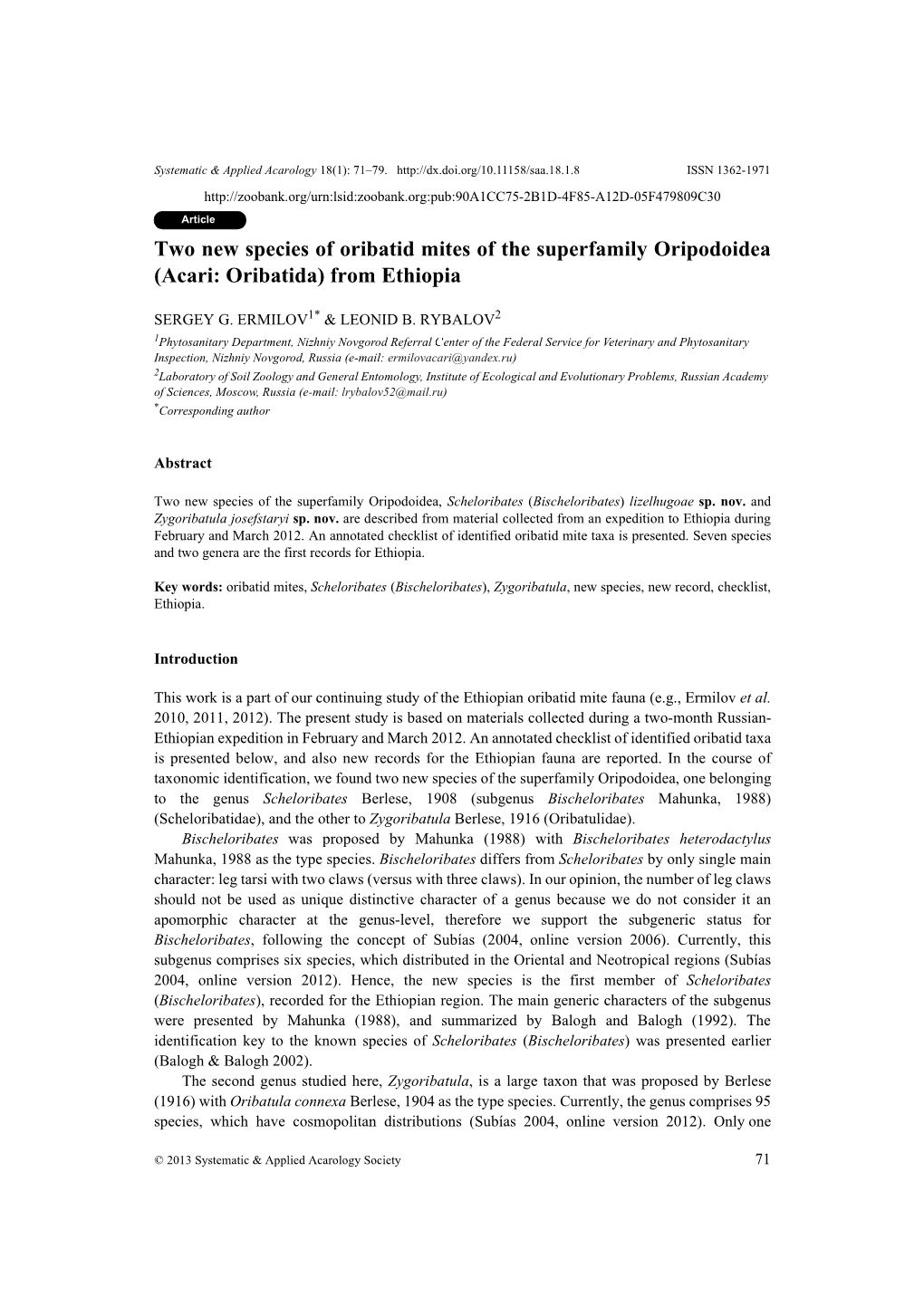 Two New Species of Oribatid Mites of the Superfamily Oripodoidea (Acari: Oribatida) from Ethiopia