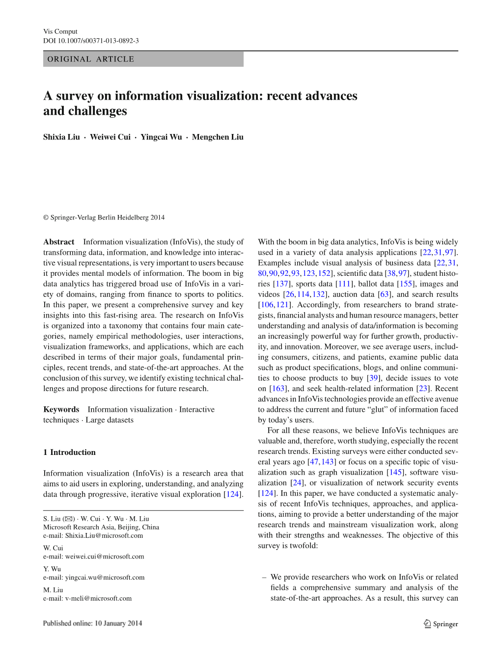 A Survey on Information Visualization: Recent Advances and Challenges