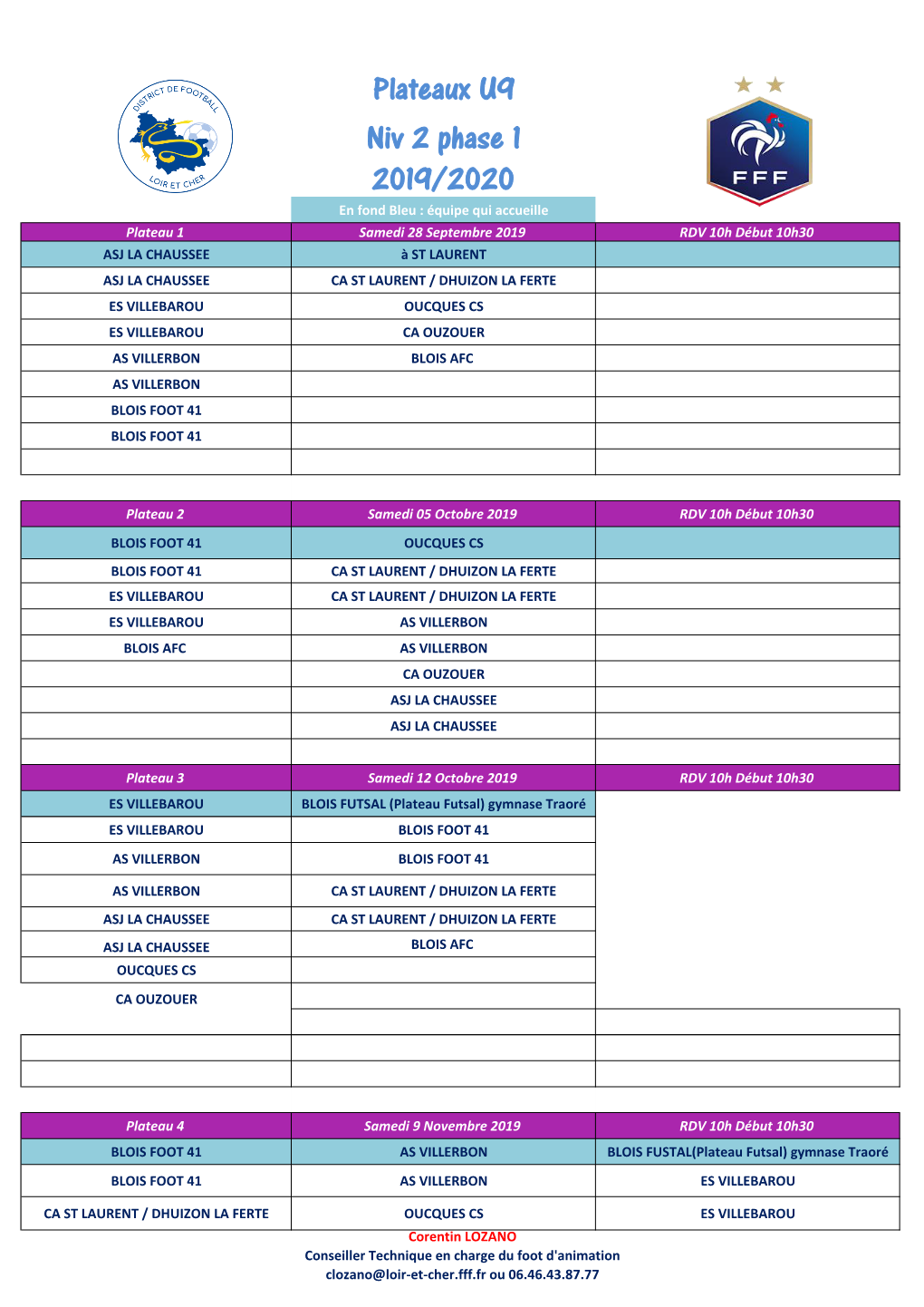 2019/2020 Plateaux U9 Niv 2 Phase 1