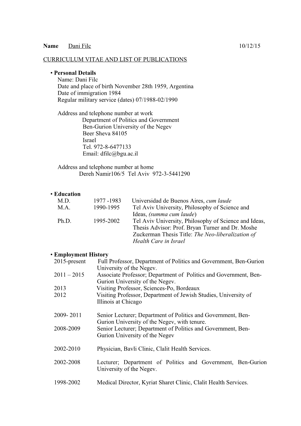 Curriculum Vitae and List of Publications