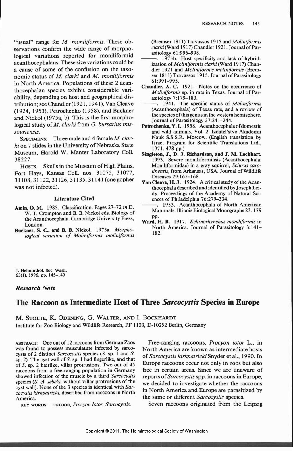 The Raccoon As Intermediate Host of Three Sarcocystis Species in Europe