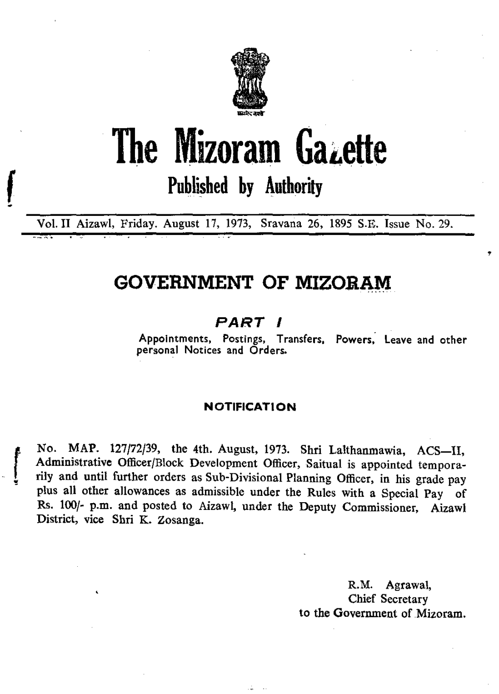 The Mizoram Ga~Ette F Published by Authority Vol