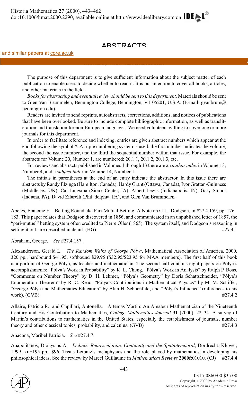 ABSTRACTS View Metadata, Citation and Similar Papers at Core.Ac.Uk Brought to You by CORE Edited by Glen Van Brummelen Provided by Elsevier - Publisher Connector