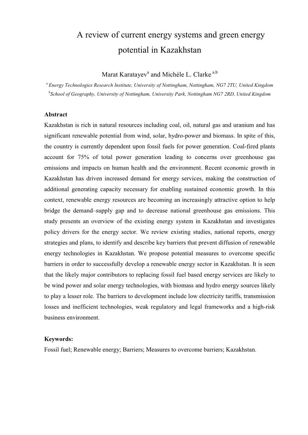 A Review of Current Energy Systems and Green Energy Potential in Kazakhstan