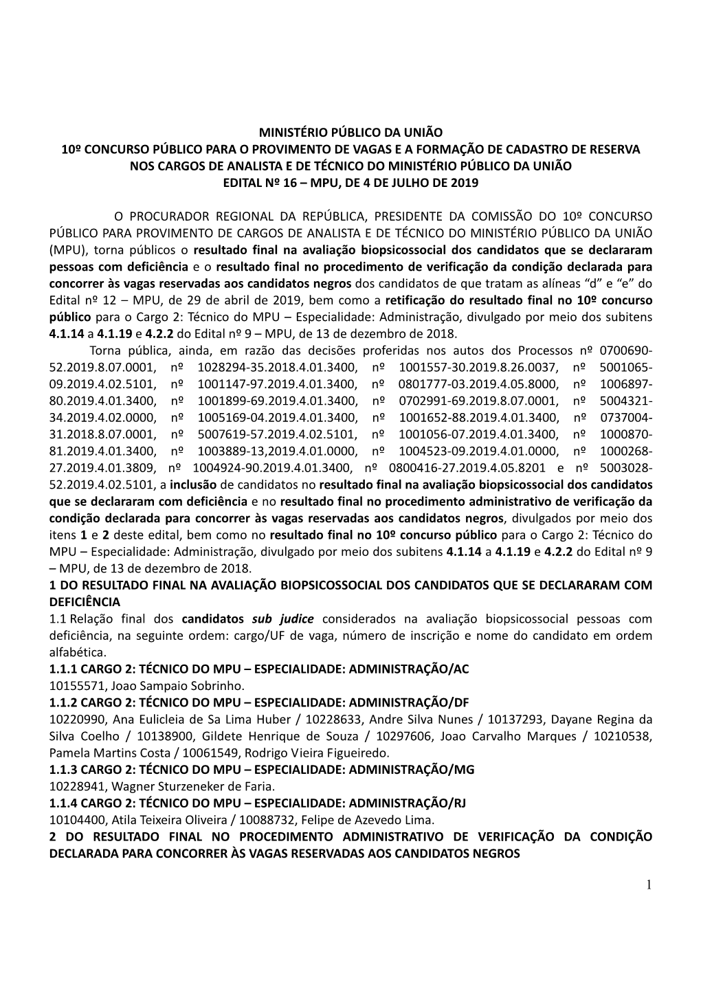 Edital Nº 16 – Mpu, De 4 De Julho De 2019