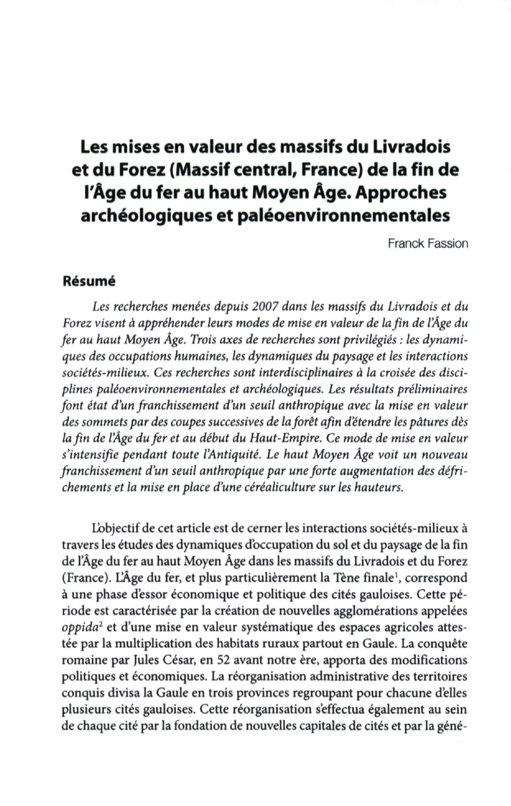 Les Mises En Valeur Des Massifs Du Livradois Et Du Forez (Massif Central, France) De La Fin De L'âge Du Fer Au Haut Moyen Âge