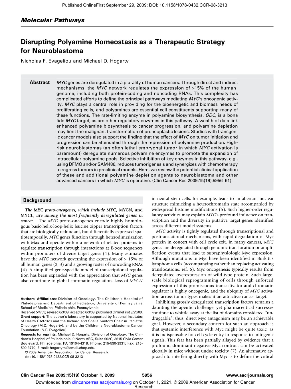 Disrupting Polyamine Homeostasis As a Therapeutic Strategy for Neuroblastoma Nicholas F