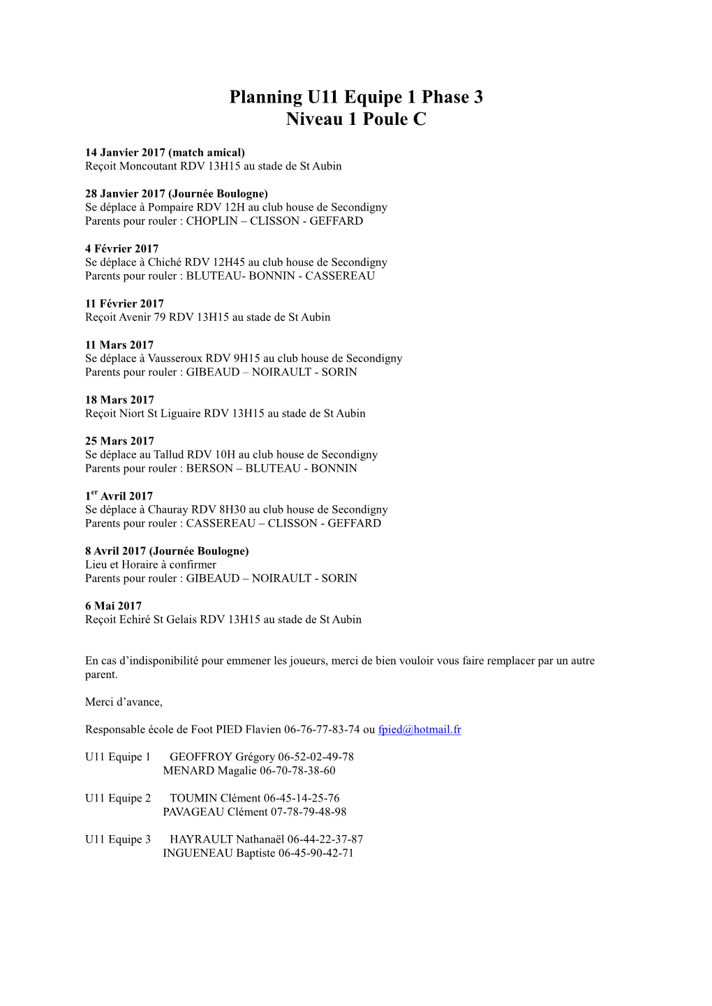 Planning U11 Equipe 1 Phase 3 Niveau 1 Poule C