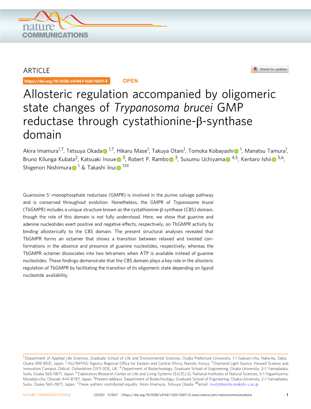 Allosteric Regulation Accompanied by Oligomeric State Changes of Trypanosoma Brucei GMP Reductase Through Cystathionine-Β-Synthase Domain