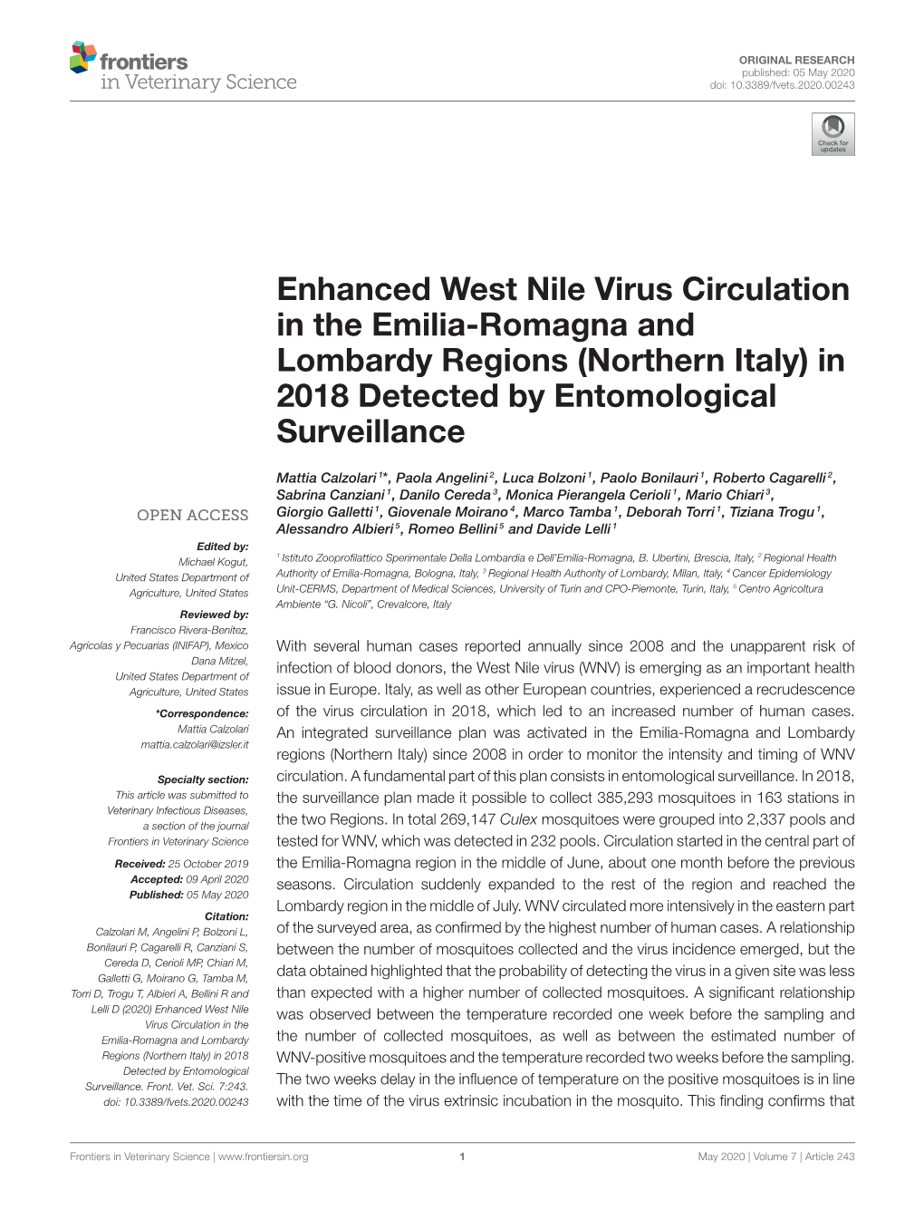 Enhanced West Nile Virus Circulation in the Emilia-Romagna and Lombardy Regions (Northern Italy) in 2018 Detected by Entomological Surveillance
