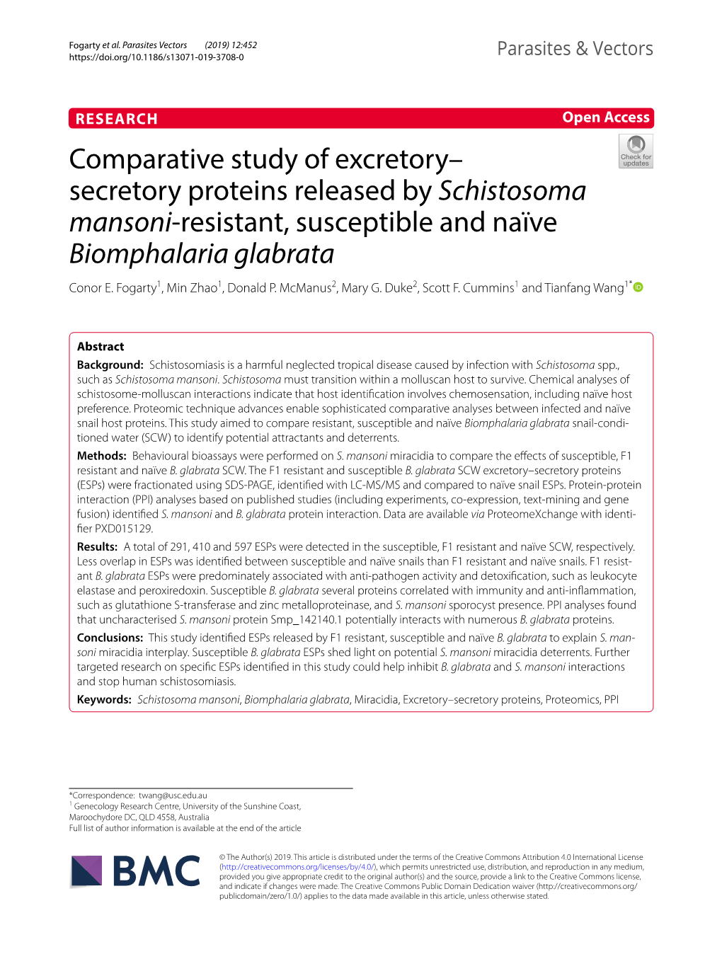 Schistosoma Mansoni‑Resistant, Susceptible and Naïve Biomphalaria Glabrata Conor E