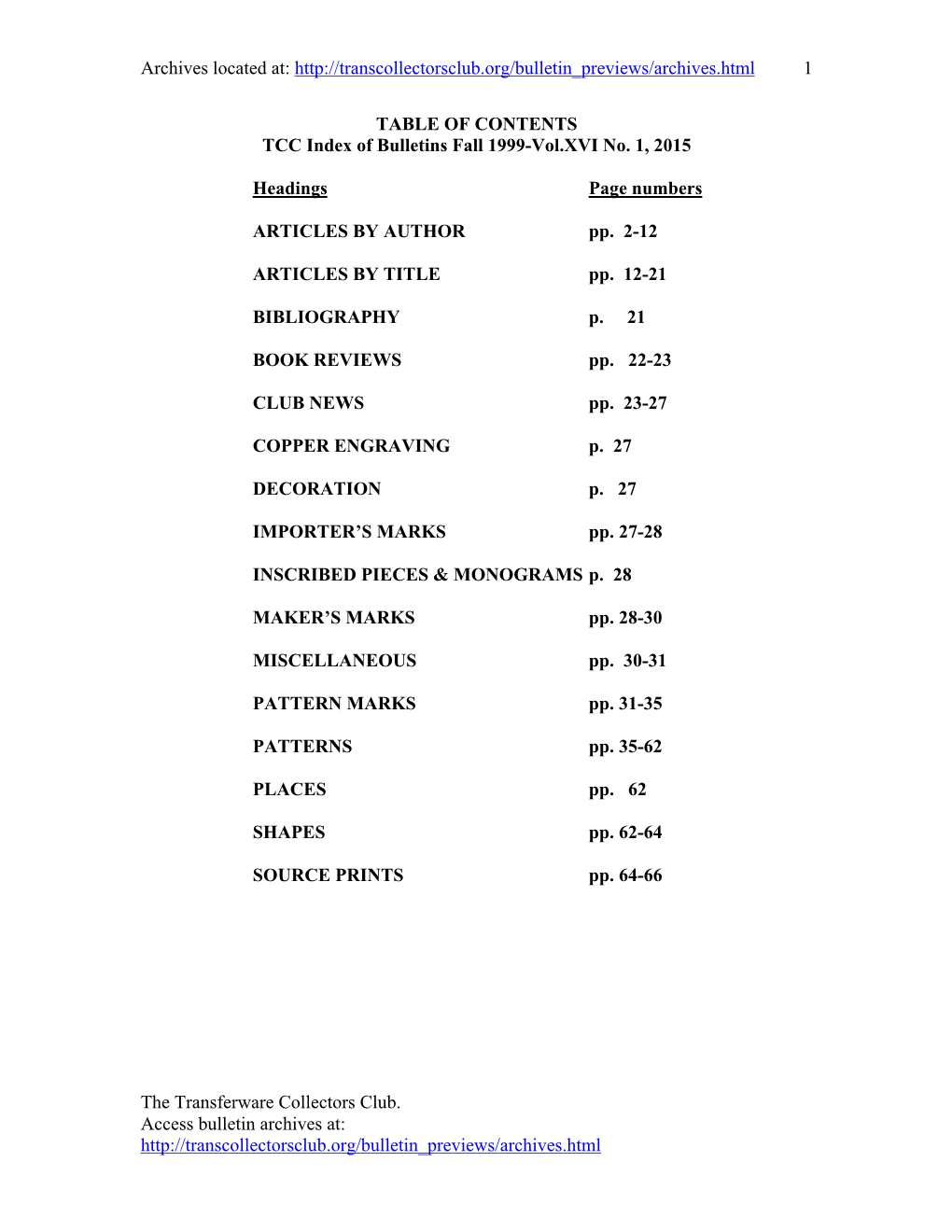 TABLE of CONTENTS TCC Index of Bulletins Fall 1999-Vol.XVI No