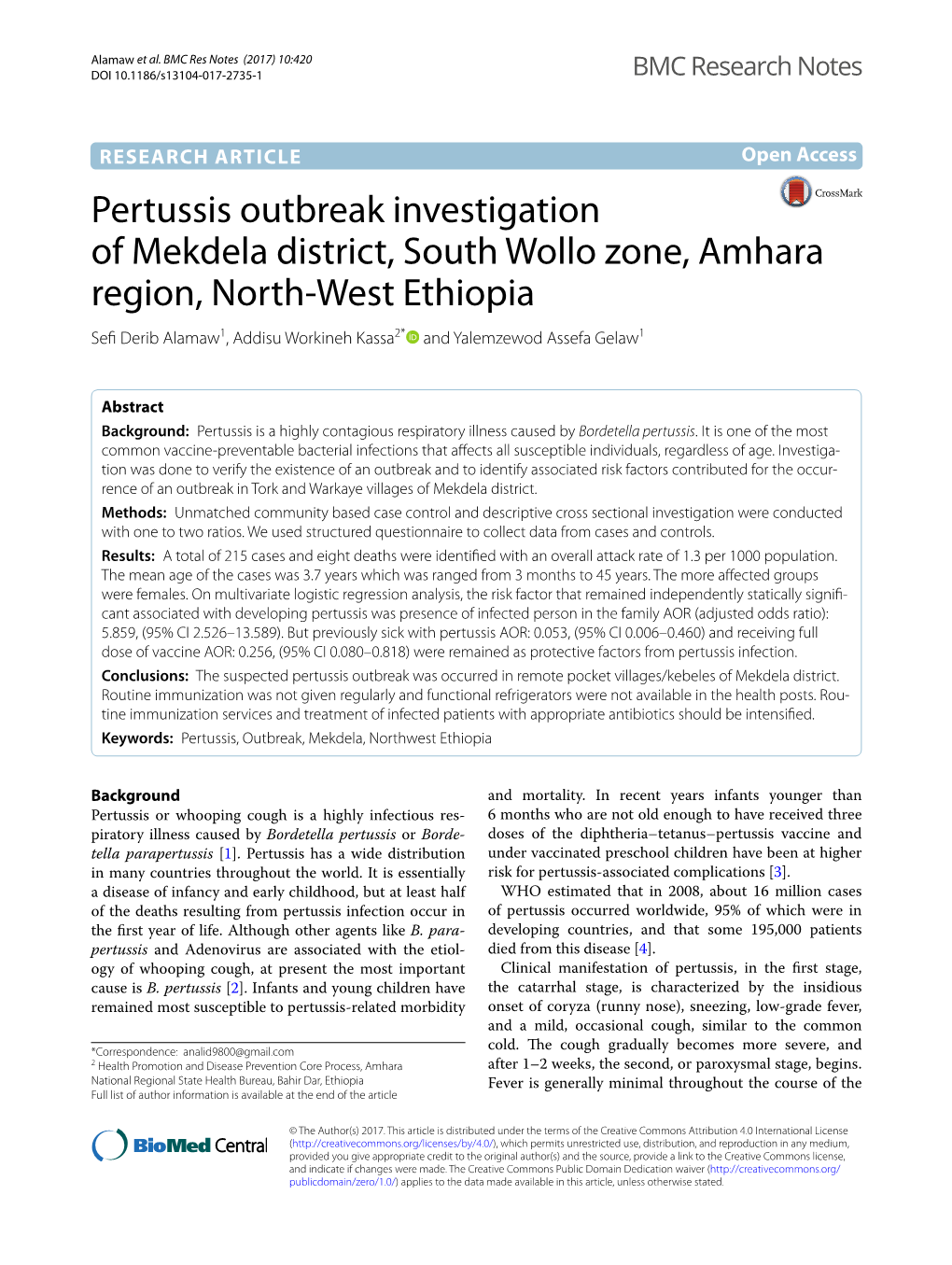 Pertussis Outbreak Investigation of Mekdela District, South Wollo Zone