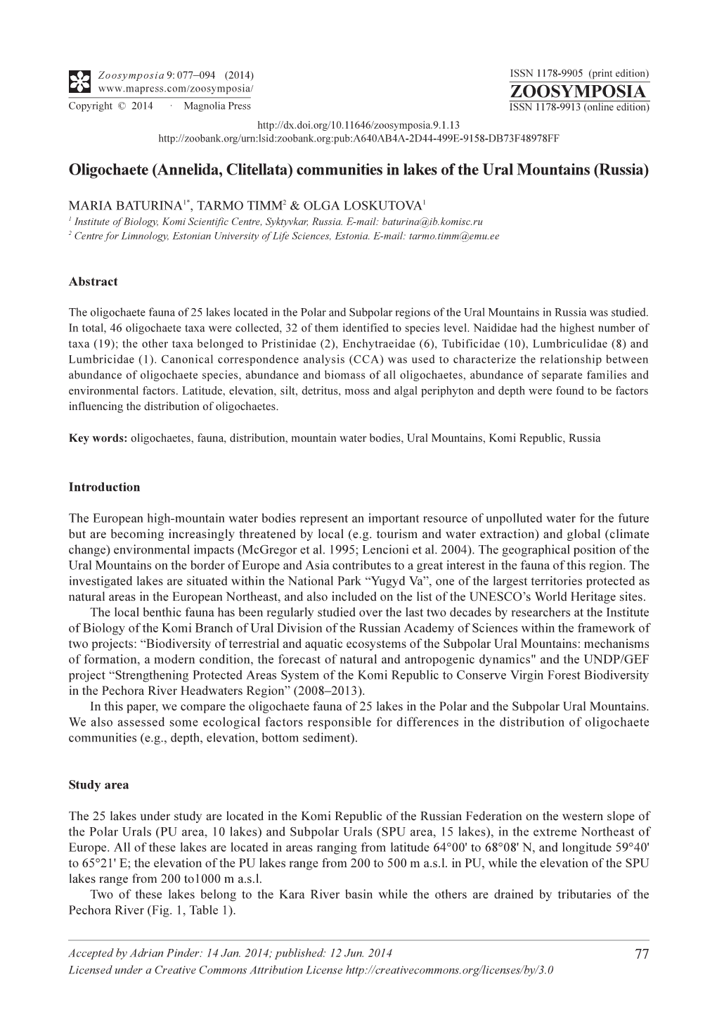 Oligochaete (Annelida, Clitellata) Сommunities in Lakes of the Ural Mountains (Russia)