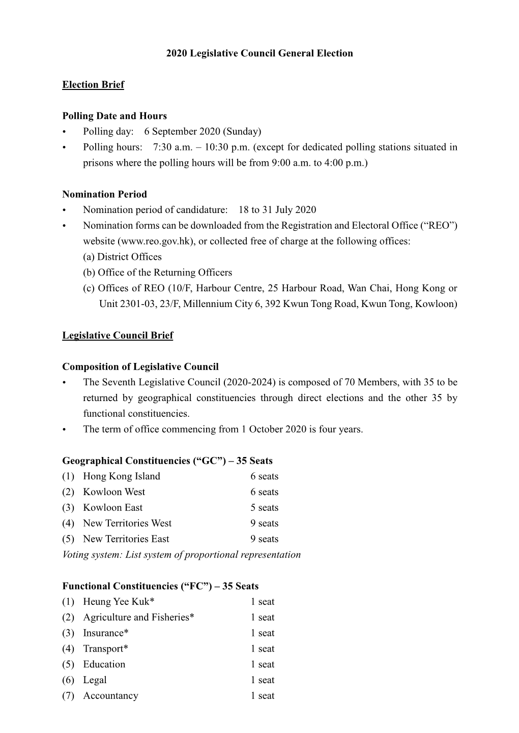 2020 Legislative Council General Election Election Brief Polling Date