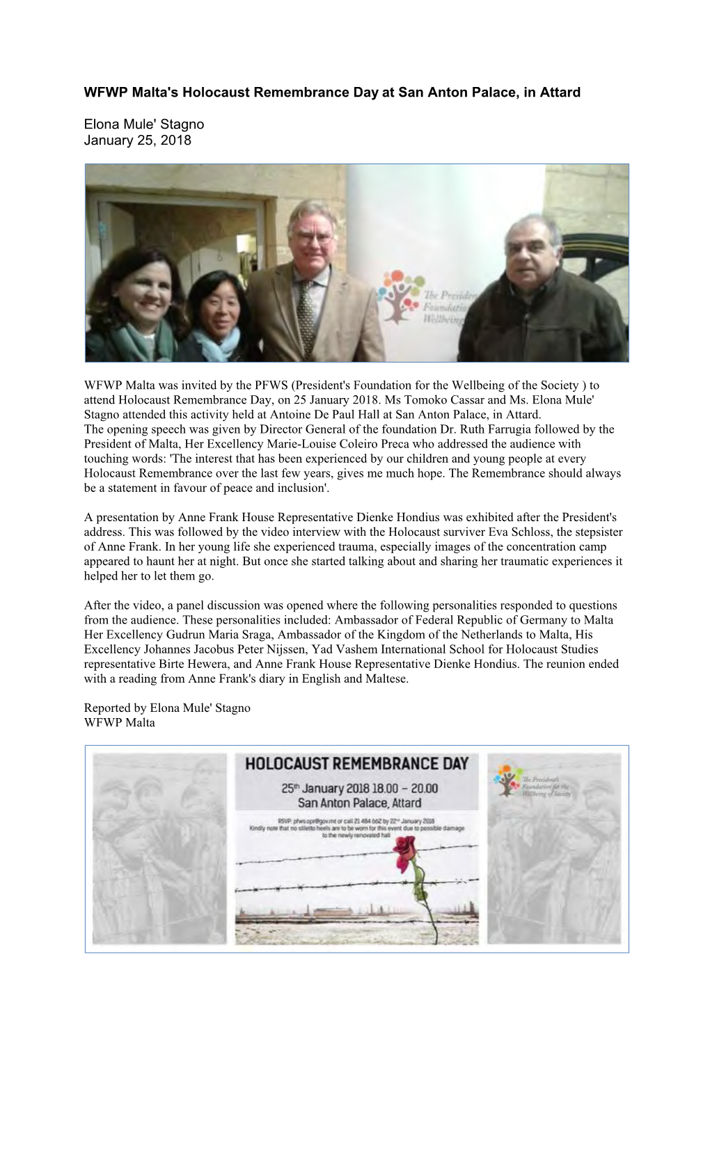 WFWP Malta's Holocaust Remembrance Day at San Anton Palace, in Attard