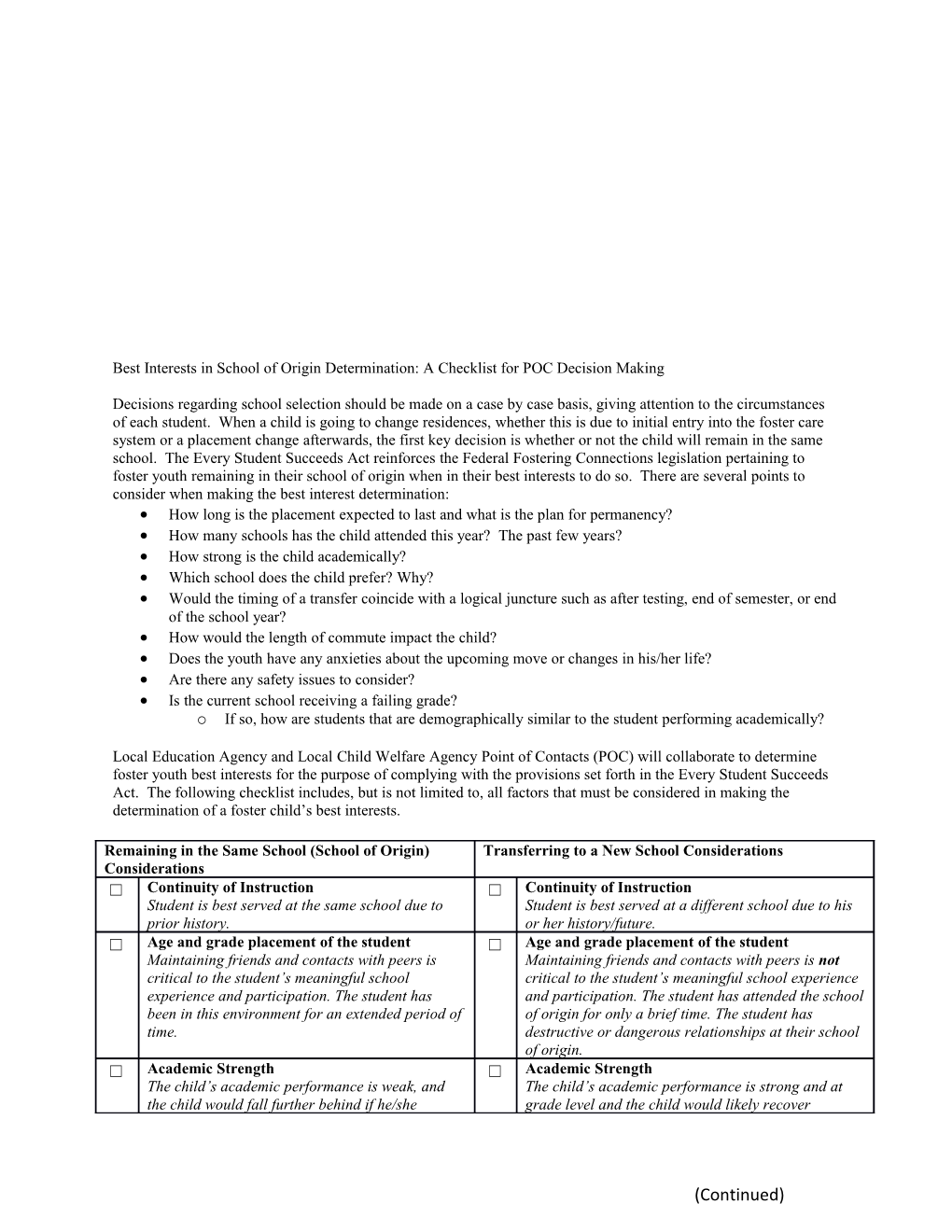 Best Interests in School of Origin Determination: a Checklist for POC Decision Making