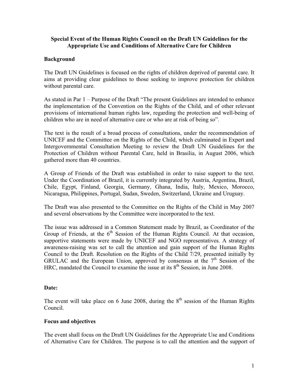 Special Event of the Human Rights Council on the Draft UN Guidelines for the Appropriate Use and Conditions of Alternative Care for Children