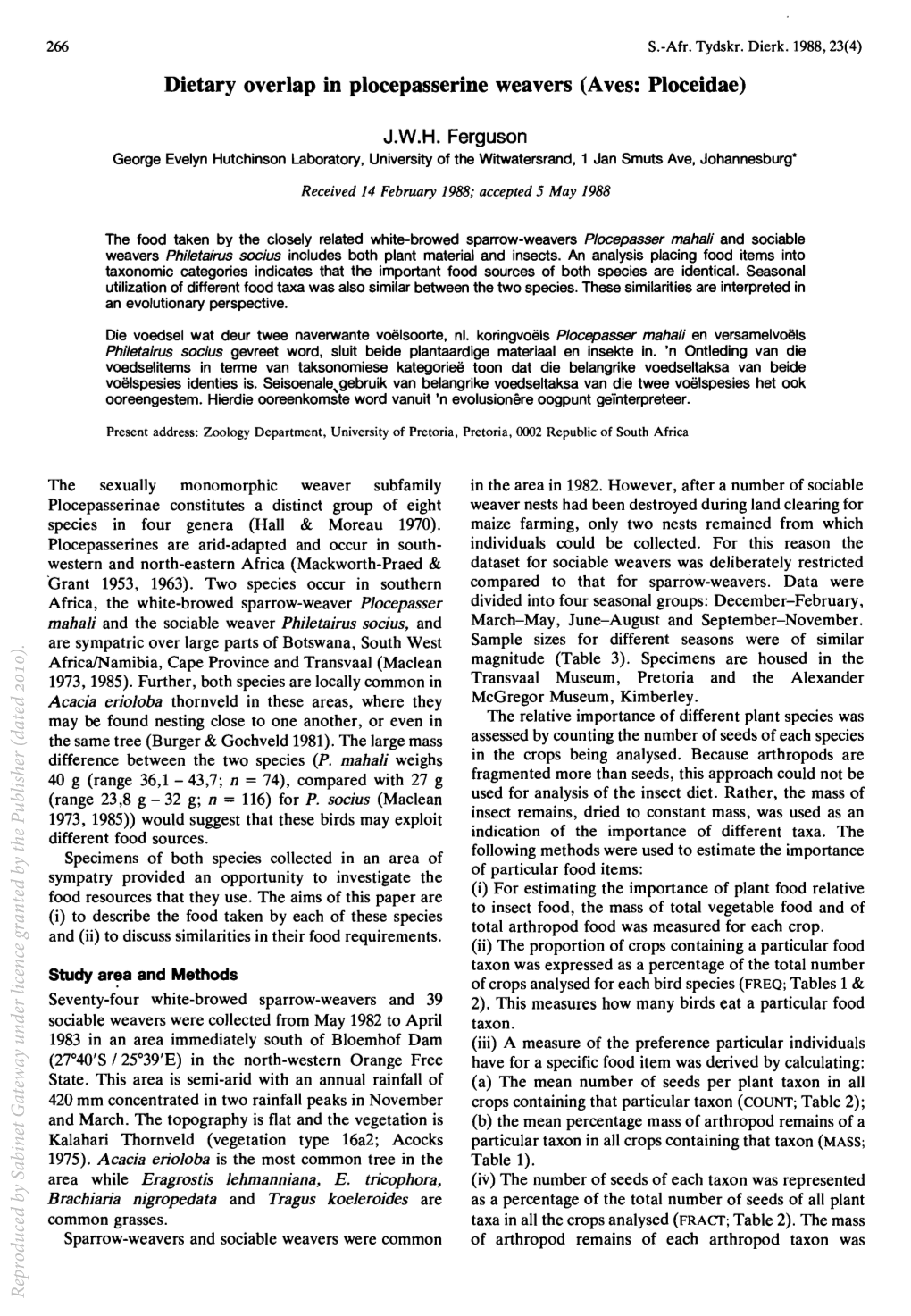 Dietary Overlap in Plocepasserine Weavers (Aves: Ploceidae)