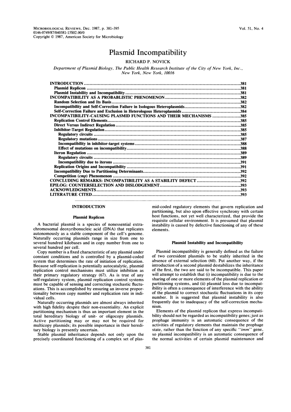 Plasmid Incompatibility RICHARD P