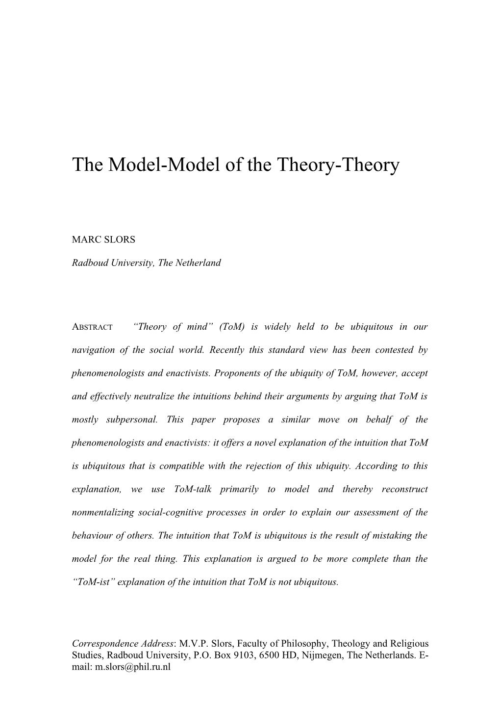 The Model-Model Of The Theory-Theory