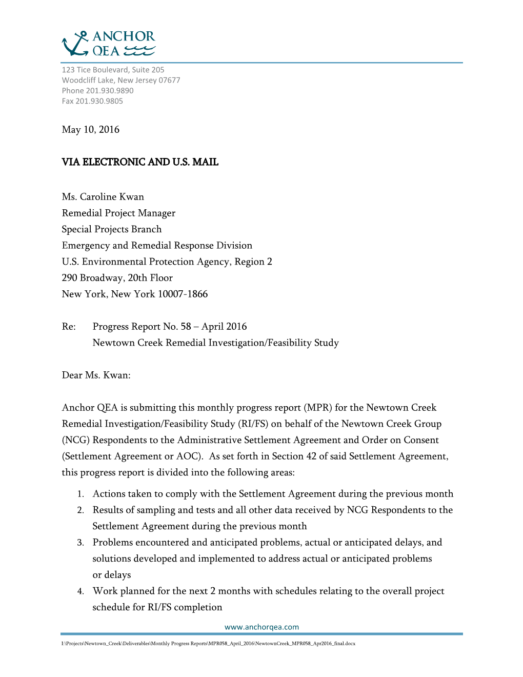 Progress Report No. 58, Newtown Creek Remedial Investigation