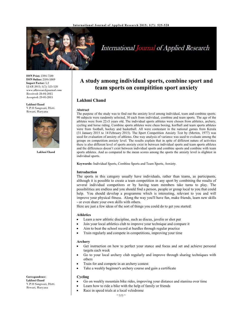 A Study Among Individual Sports, Combine Sport and Team Sports on Compitition Sport Anxiety