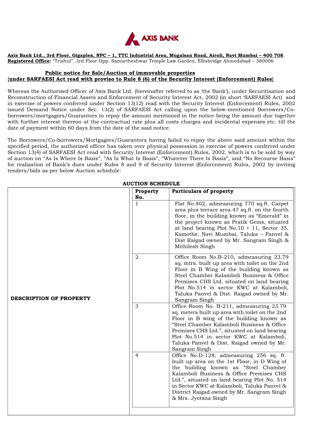 Public Notice for Sale/Auction of Immovable Properties {Under SARFAESI Act Read with Proviso to Rule 8 (6) of the Security Interest (Enforcement) Rules}